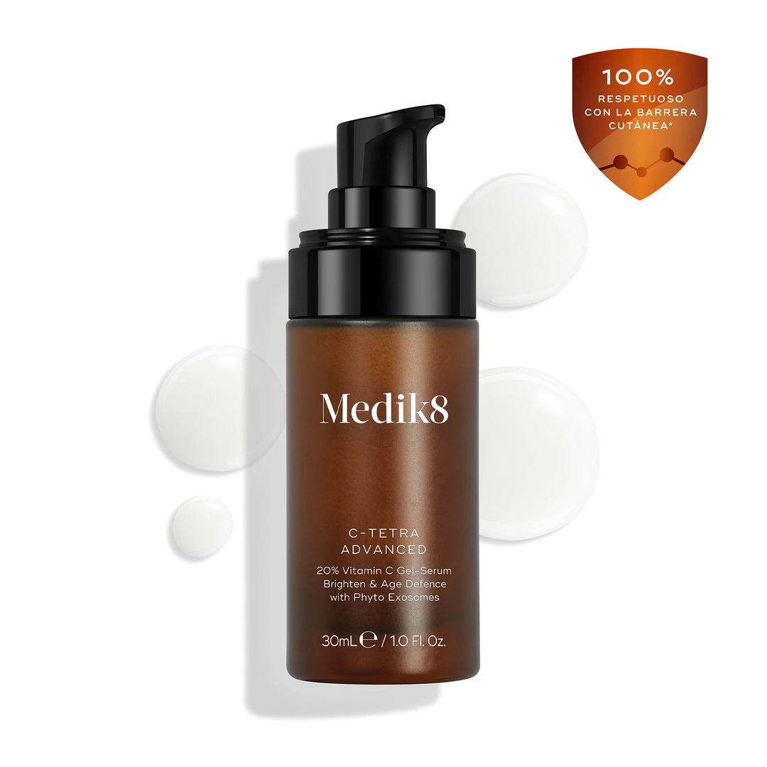 Frasco del serum C-Tetra Advanced con icono que pone 100% respetuoso con la barrera cutánea