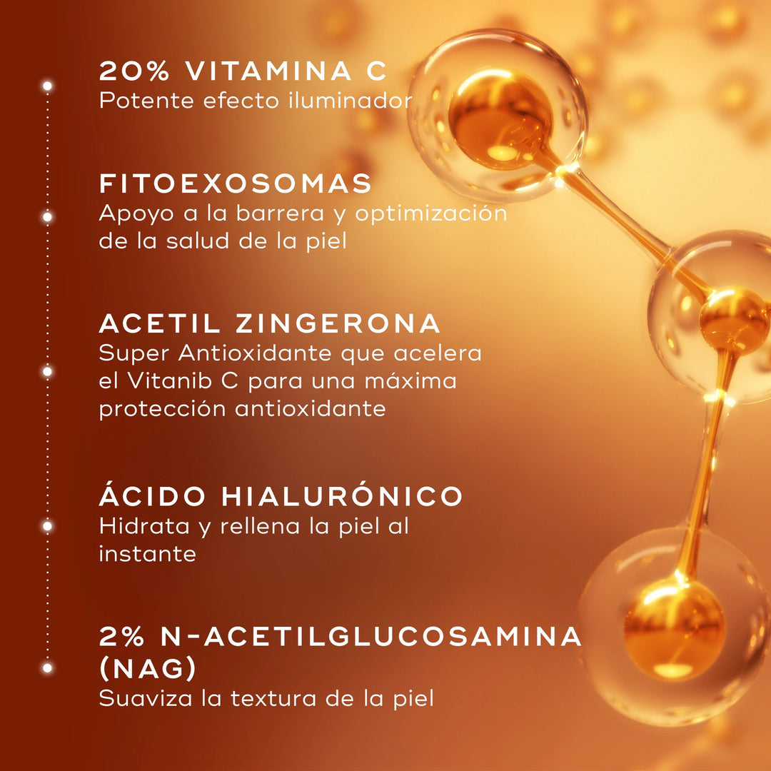 Los ingredientes clave de C-Tetra Advanced: 20% vitamina C, fitoexosomas, ácido hialurónico, acentil zingerona y 2% n-acetilglucosamina