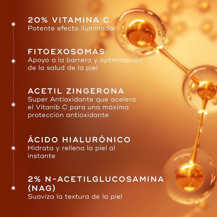 Los ingredientes clave de C-Tetra Advanced: 20% vitamina C, fitoexosomas, ácido hialurónico, acentil zingerona y 2% n-acetilglucosamina