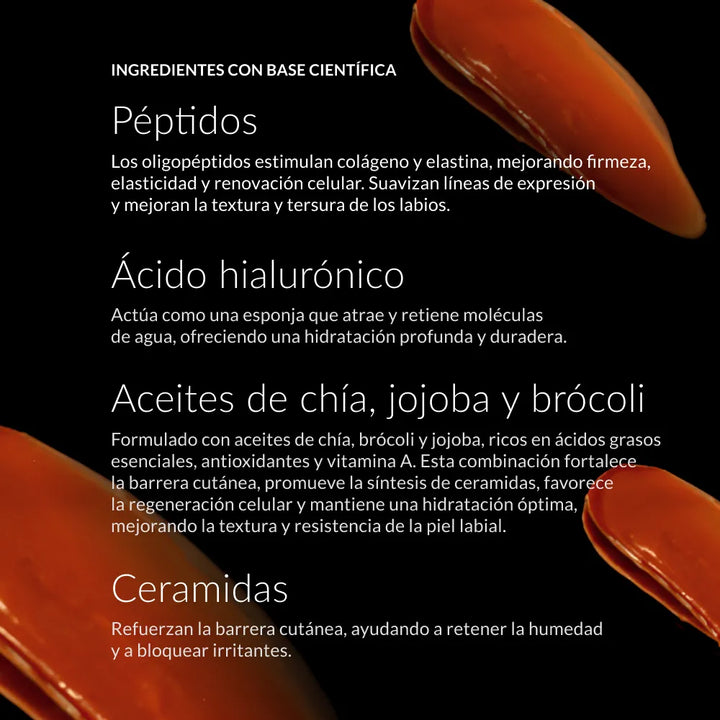 Texto con los ingredientes clave del producto: péptidos, ácido hialurónico, aceites de chía, jojoba y brócoli y ceramidas.